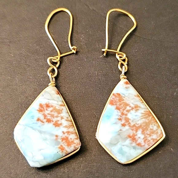 NEW Natural Semi-Precious Stones Earrings, Coastal Blue & Brown, Gold Wire - Picture 7 of 11